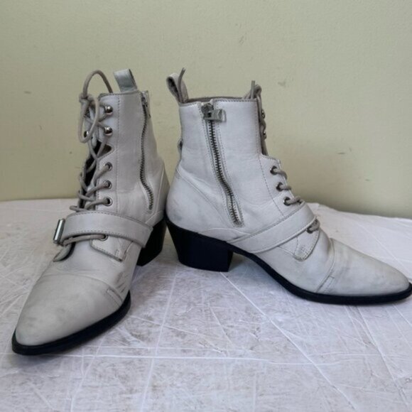 AllSaints Katy Leather Zip Buckle Lace Up Moto Western Heel Boots Festival Shoe - Picture 2 of 16